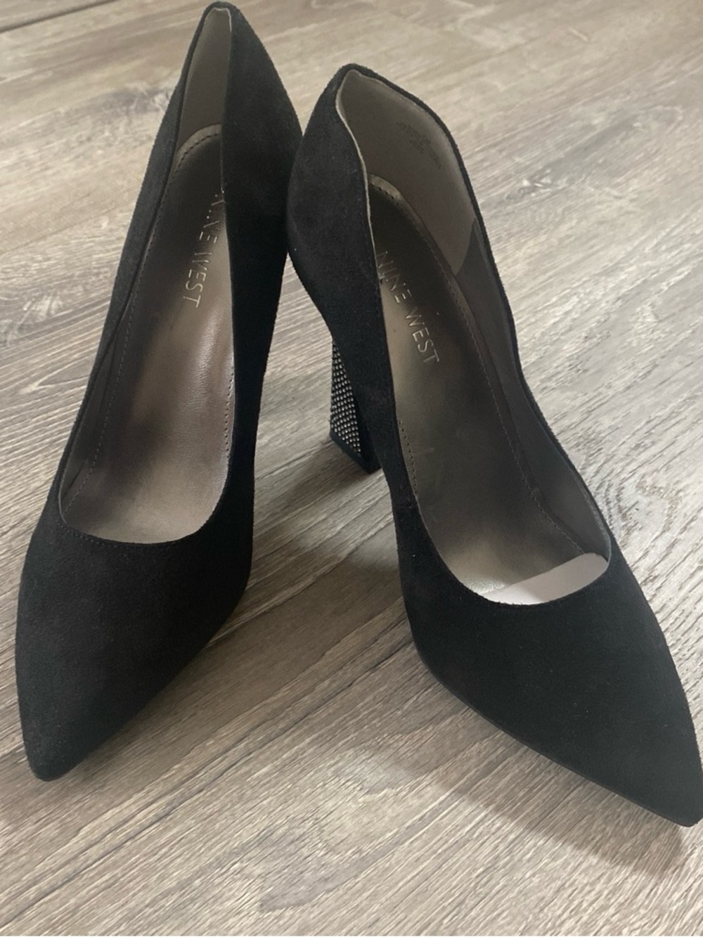 Nine West Black Suede Pointed Toe High Heel Pumps with Embellished Block Heel